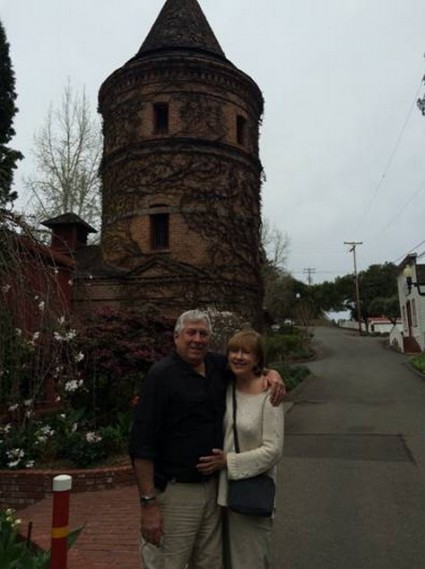 The tower above is a replica of the tower the original owner of the vineyard had seen from his prison cell in Europe before immigrating to the United States. The tower had been severely damaged by the 1907 earthquake and is now held together with three steel bands around its circumference.